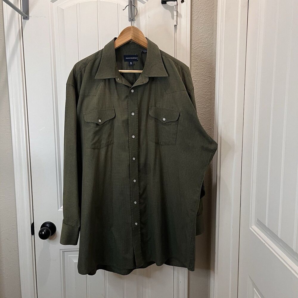 Panhandle Slim Mens Size 18/36 Green Plaid Pearl Snap Long Sleeve Casual Shirt